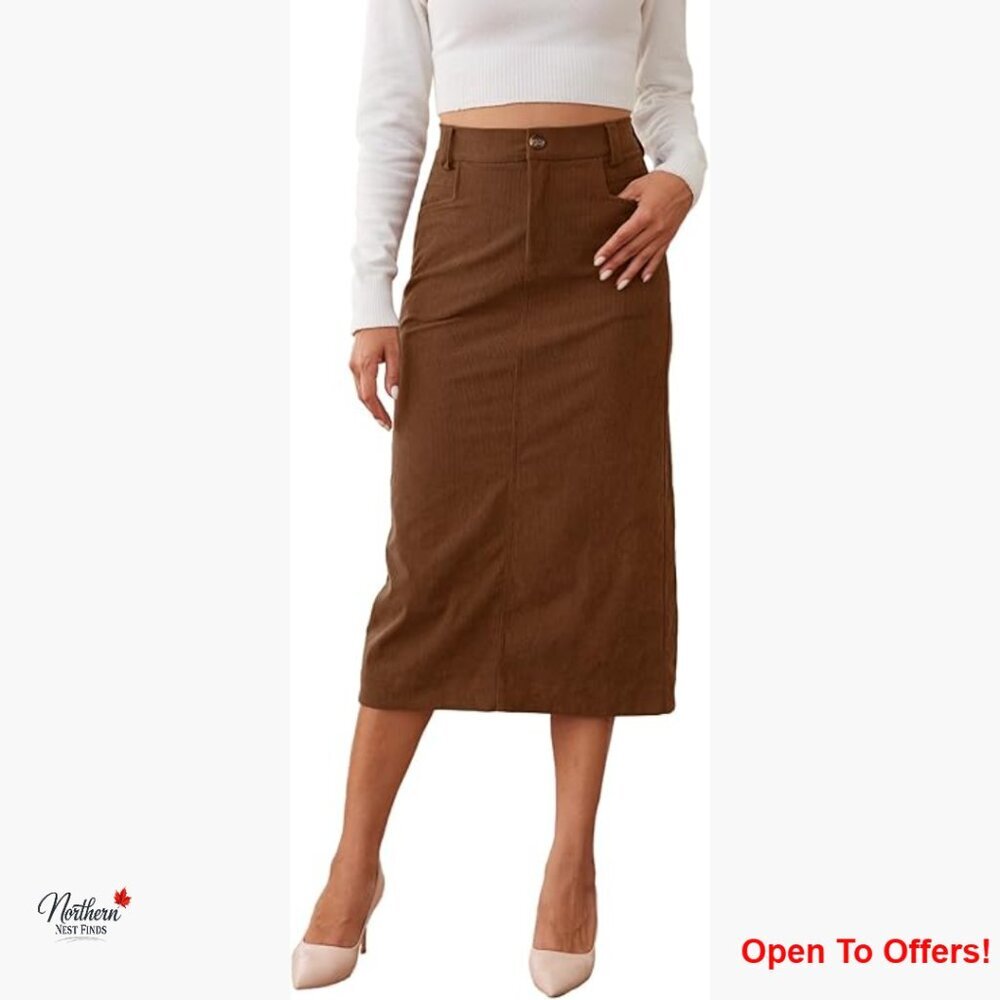 Midi Corduroy Pencil Skirt High Waist Elastic Back Slit Pockets